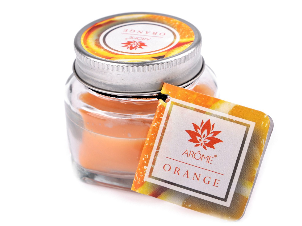 Malá vonná svíčka ve skle s jmenovkou 28 g, barva 14 (Orange) oranžová výrazná
