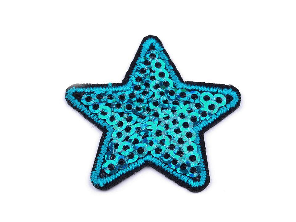 Nažehlovačka hvězda s flitry, barva 9 tyrkys