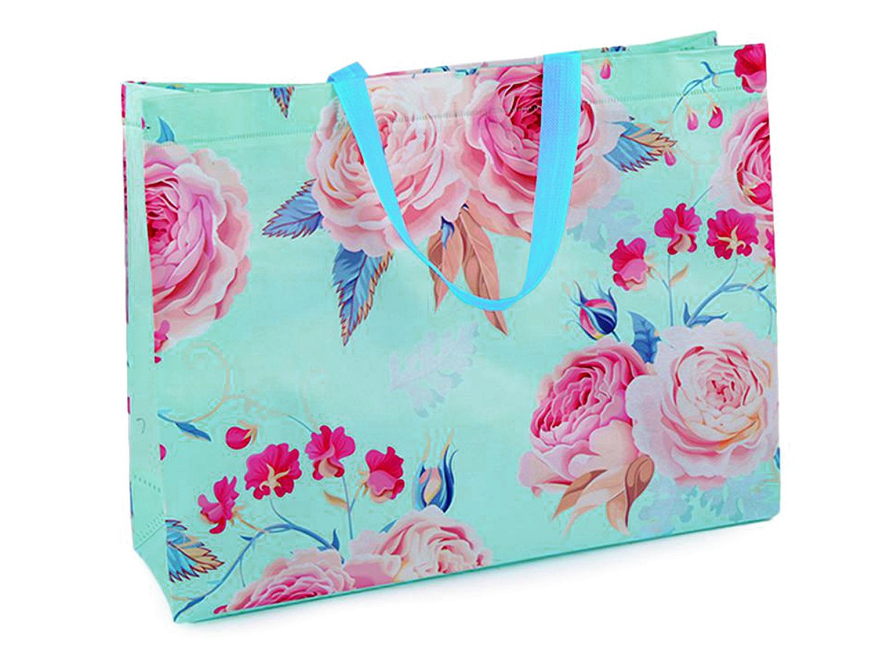Nákupní taška s květy růže, velká 32x42 cm omyvatelná, barva 2 mint
