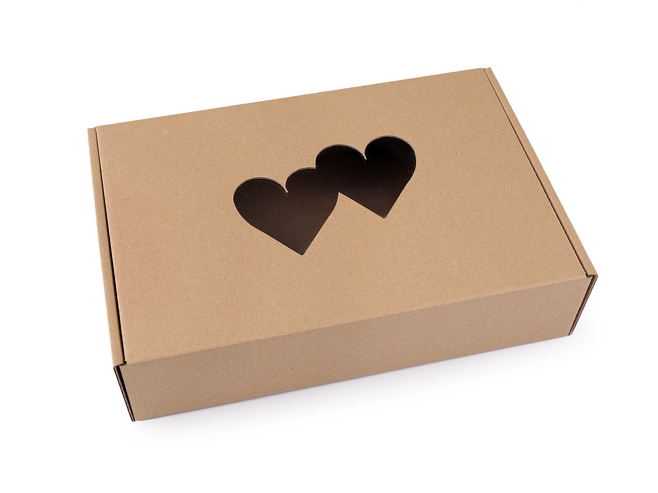 Papírová krabice s průhledem - srdce, barva 2 hnědá přírodní