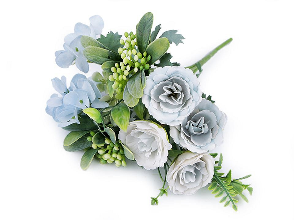 Umělé kytice růže, hortenzie, barva 4 modrá ledová