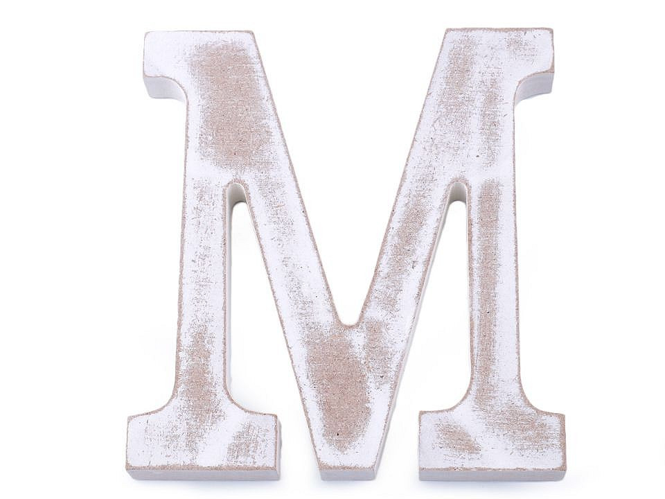Dřevěná písmena abecedy vintage, barva 13 "M" bílá přírodní