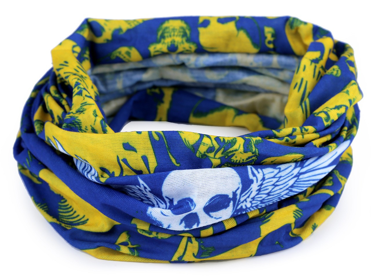 Multifunkční šátek pružný, bezešvý lebky, barva 1 modrá žlutá