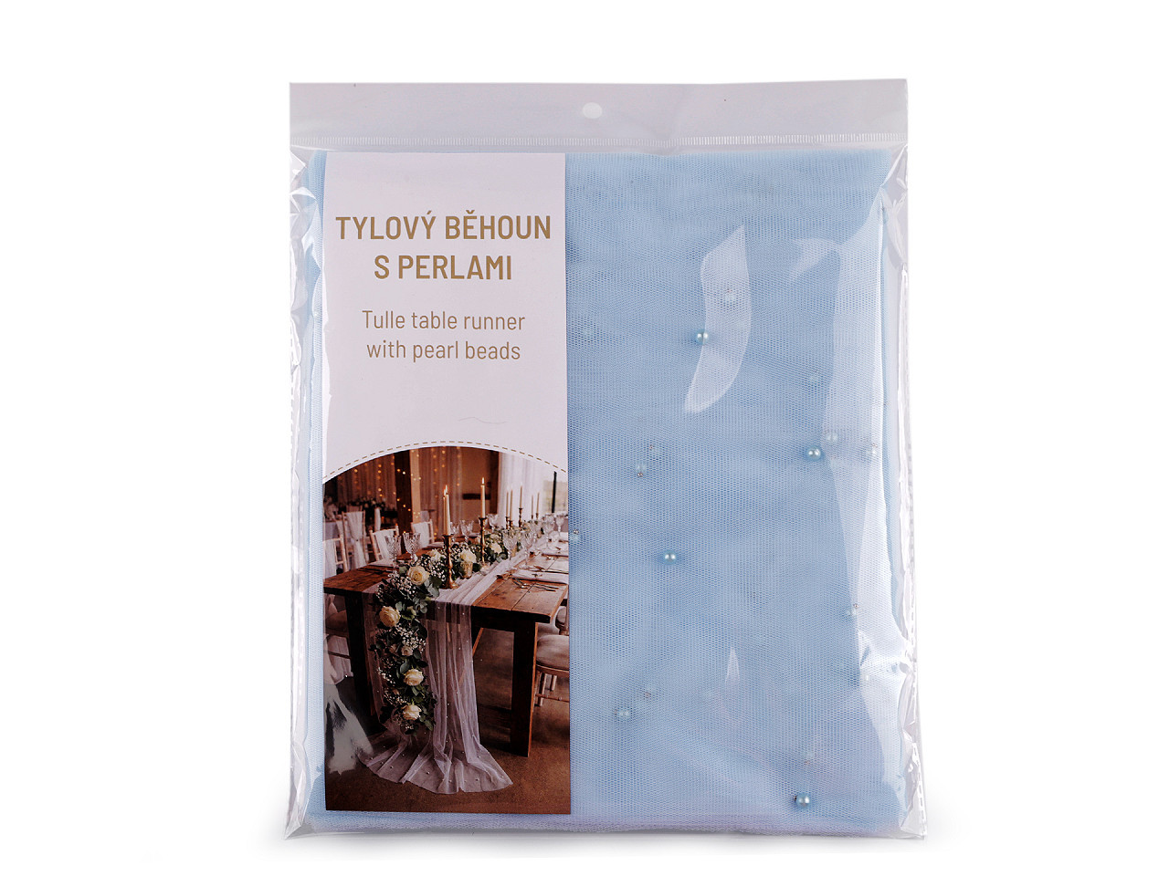 Tylový běhoun s perlami pro svatby a oslavy 0,8x3 m, barva 5 modrá světlá
