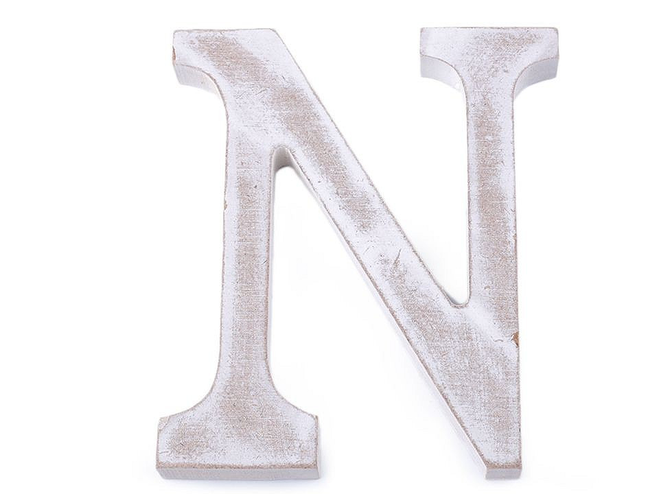 Dřevěná písmena abecedy vintage, barva 14 "N" bílá přírodní