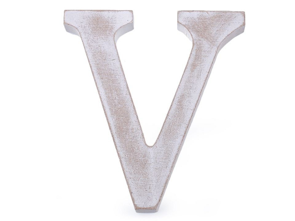 Dřevěná písmena abecedy vintage, barva 21 "V" bílá přírodní