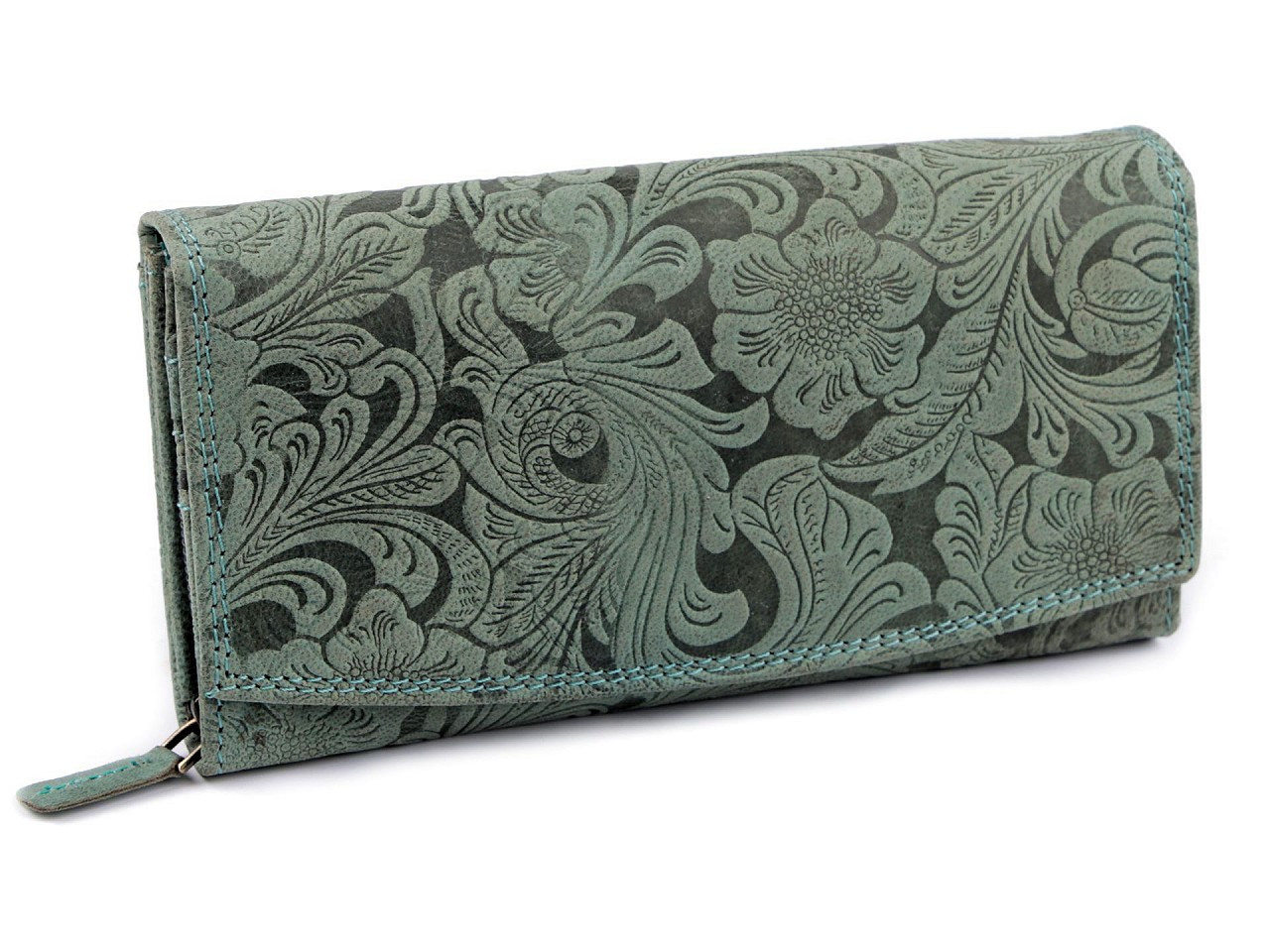 Dámská peněženka kožená s květy, barva 20 zelenkavá