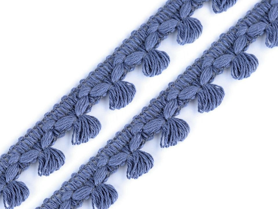 Bavlněný prýmek / třásně šíře 14 mm, barva 5 (3033) modrá jeans