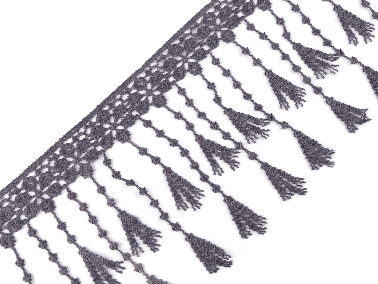 Vzdušná krajka s třásněmi šíře 12 cm, barva šedá tmavá