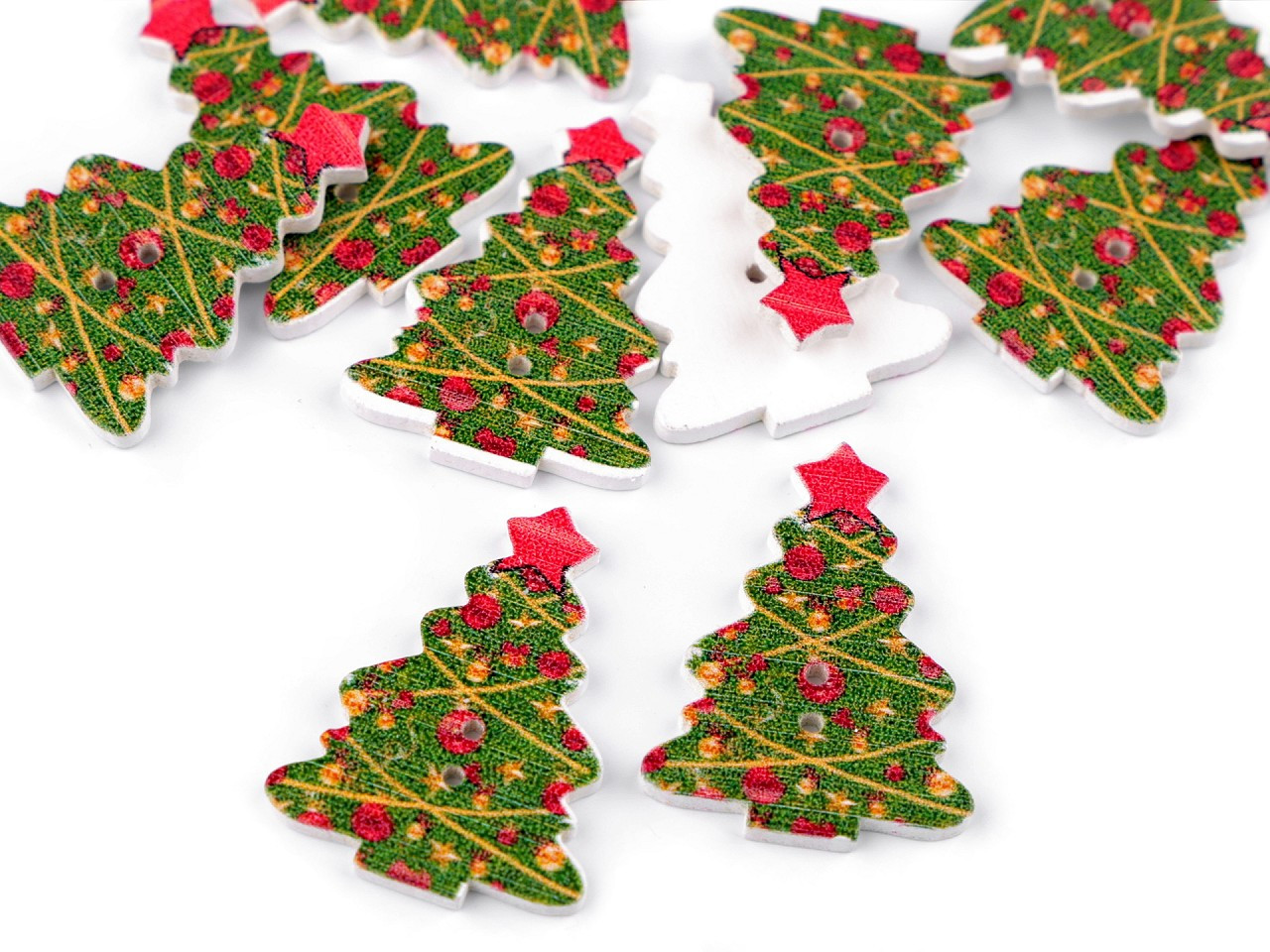 Dřevěný dekorační knoflík vánoční, barva 1 zelená stromeček