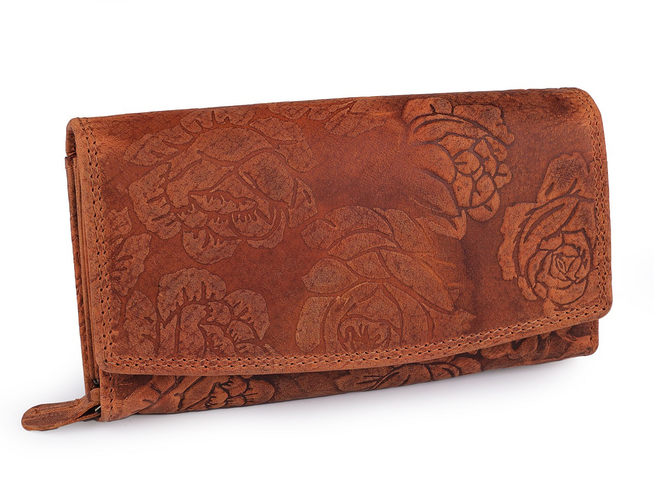 Dámská peněženka kožená s květy, barva 1 hnědá koňak