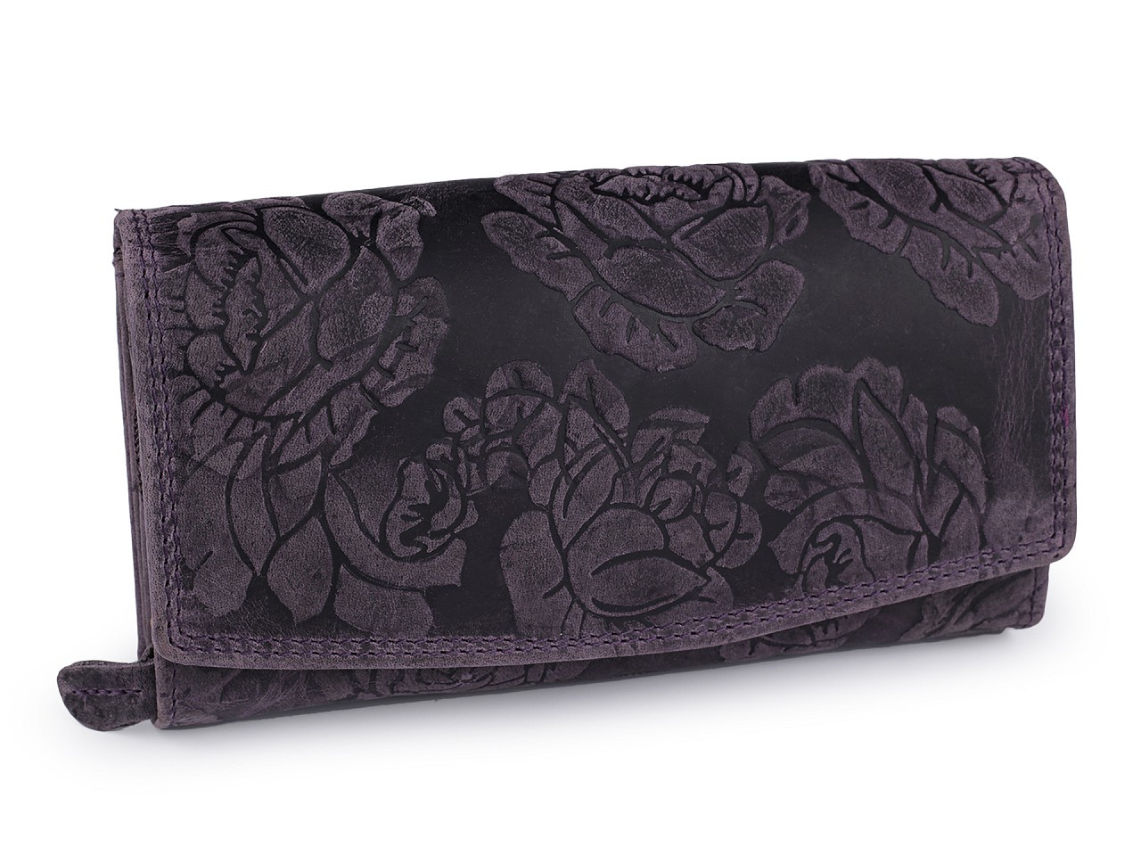 Dámská peněženka kožená s květy, barva 3 fialová tmavá