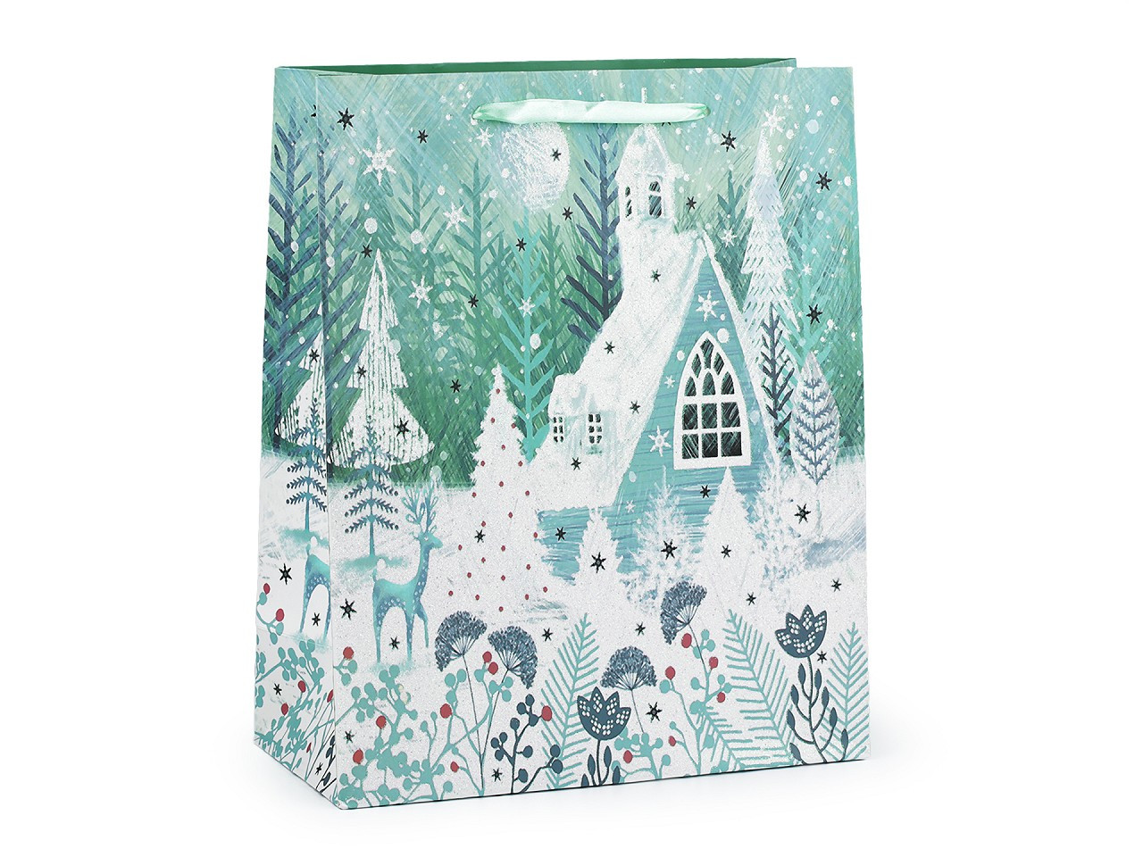 Dárková taška vánoční s glitry, barva 2 mentolová