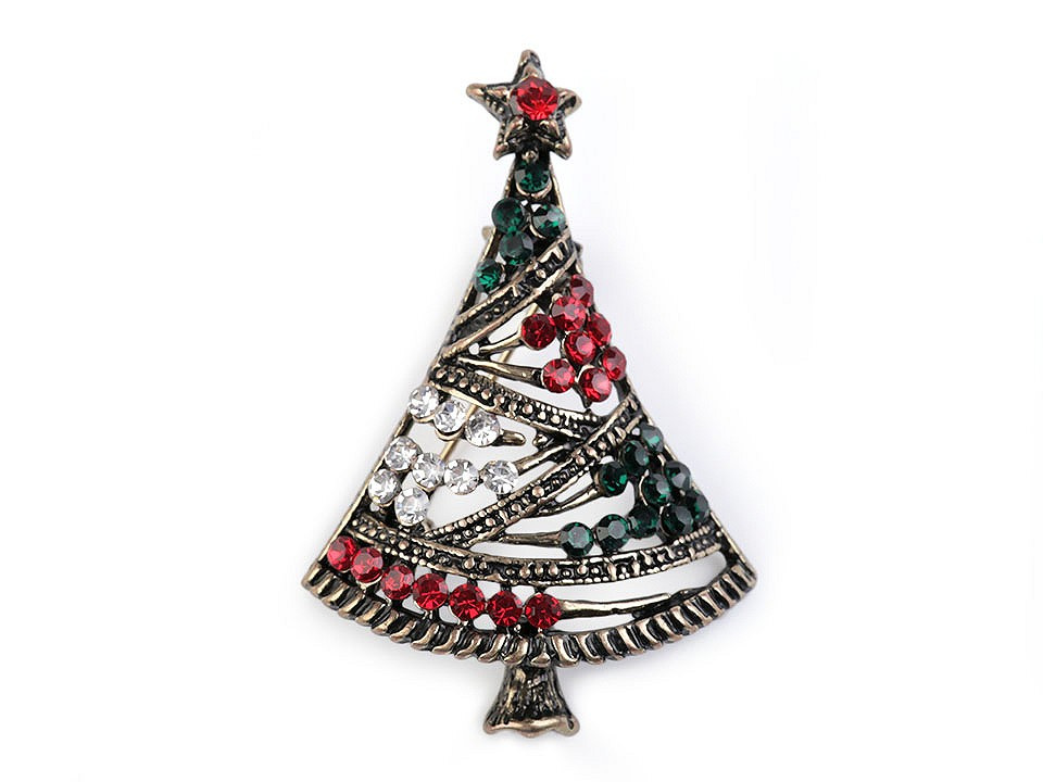 Brož s broušenými kamínky vánoční stromeček, barva 1 staromosaz