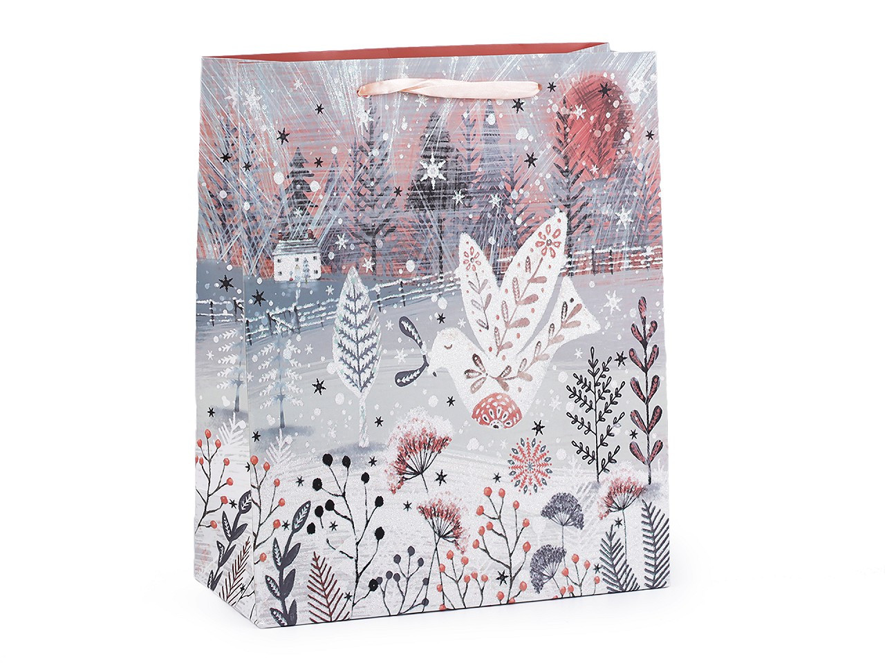 Dárková taška vánoční s glitry, barva 1 pudrová
