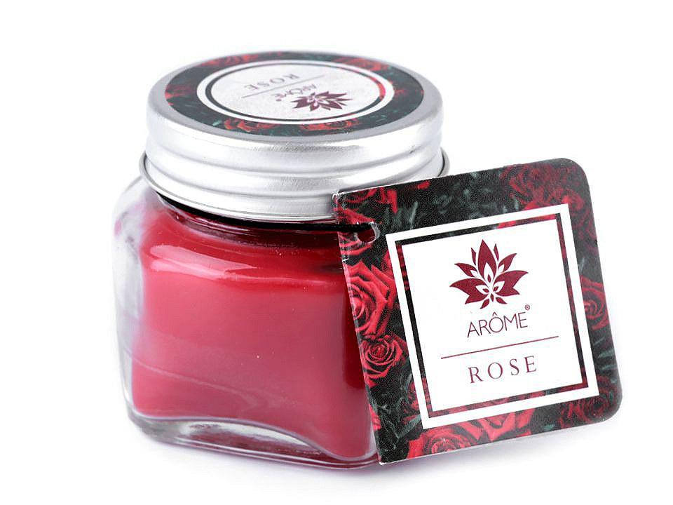 Malá vonná svíčka ve skle s jmenovkou 28 g, barva 1 (Rose) červená