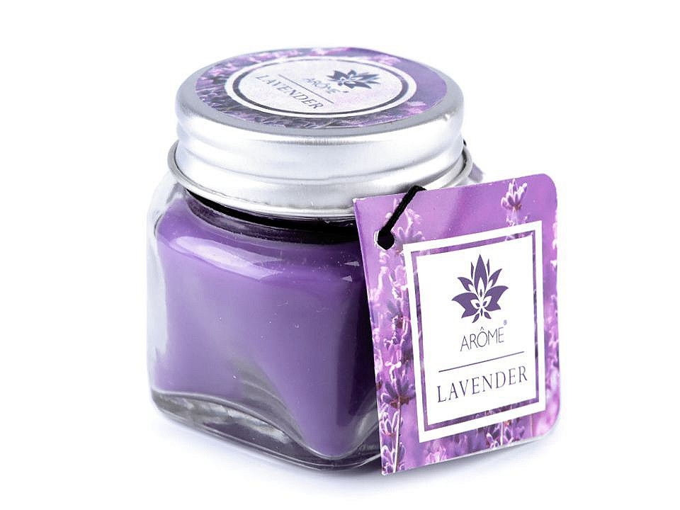 Malá vonná svíčka ve skle s jmenovkou 28 g, barva 2 (Lavender) levandulová