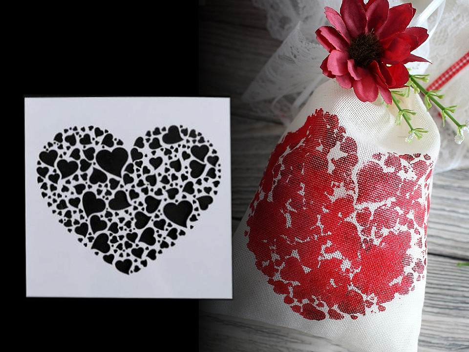 Plastová šablona srdce, květy, nápisy, ornamenty 13x13 cm