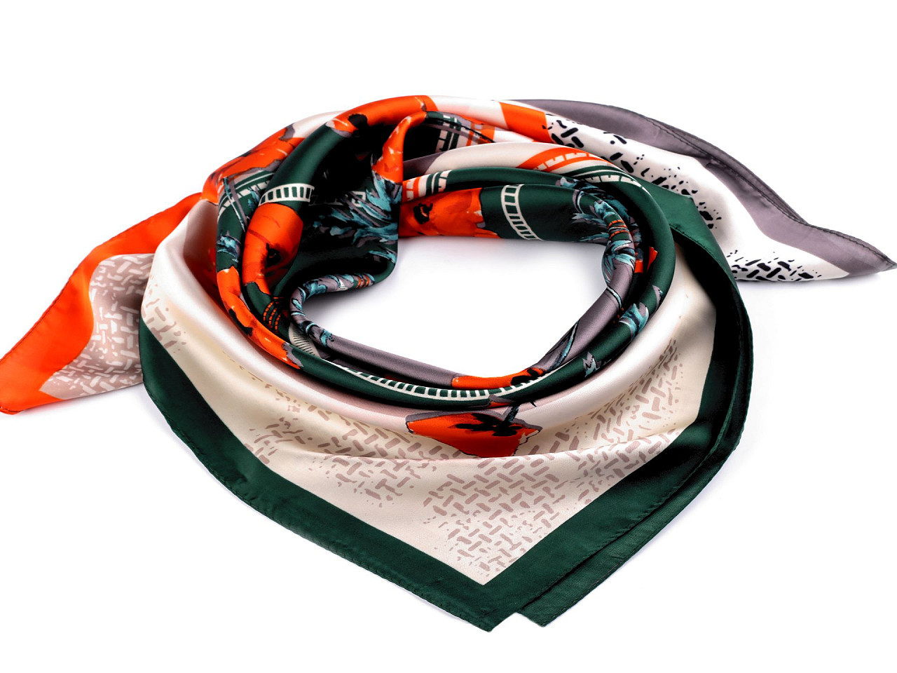 Saténový šátek 70x70 cm, barva 7 zelená tmavá oranžová