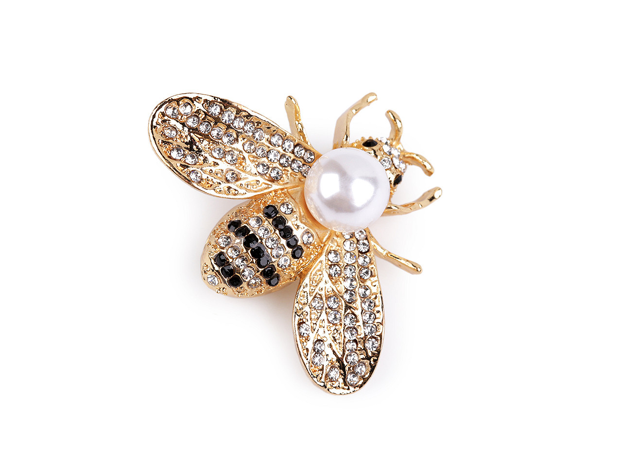 Brož s broušenými kamínky a perlou včela, barva 2 crystal zlatá