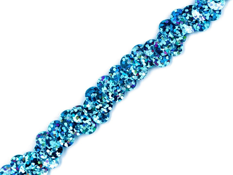 Flitrový prýmek šíře 10 mm elastický, barva 4 modrá azuro hologram