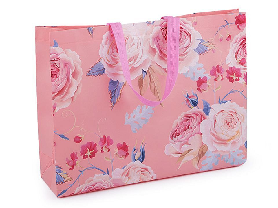 Nákupní taška s květy růže, velká 32x42 cm omyvatelná, barva 1 korálová světlá