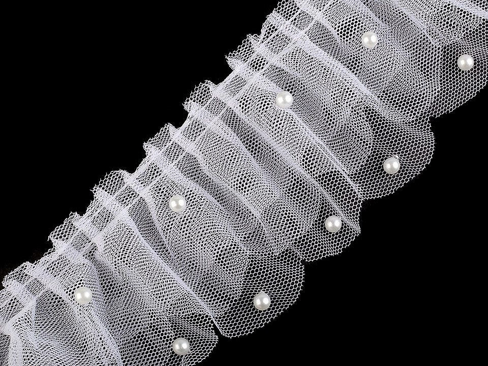Volánek tylový s perlami šíře 75 mm, barva 1 bílá