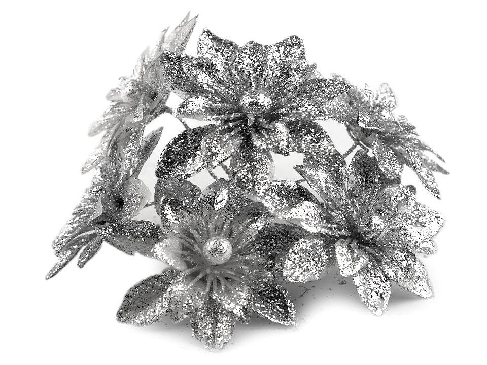 Vánoční květ na drátku s glitry, barva 2 stříbrná