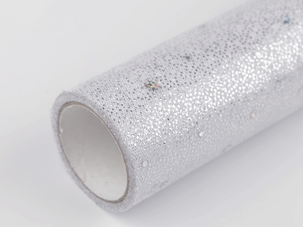 Tyl dekorační elastický s glitry šíře 48 cm, barva bílá stříbrná