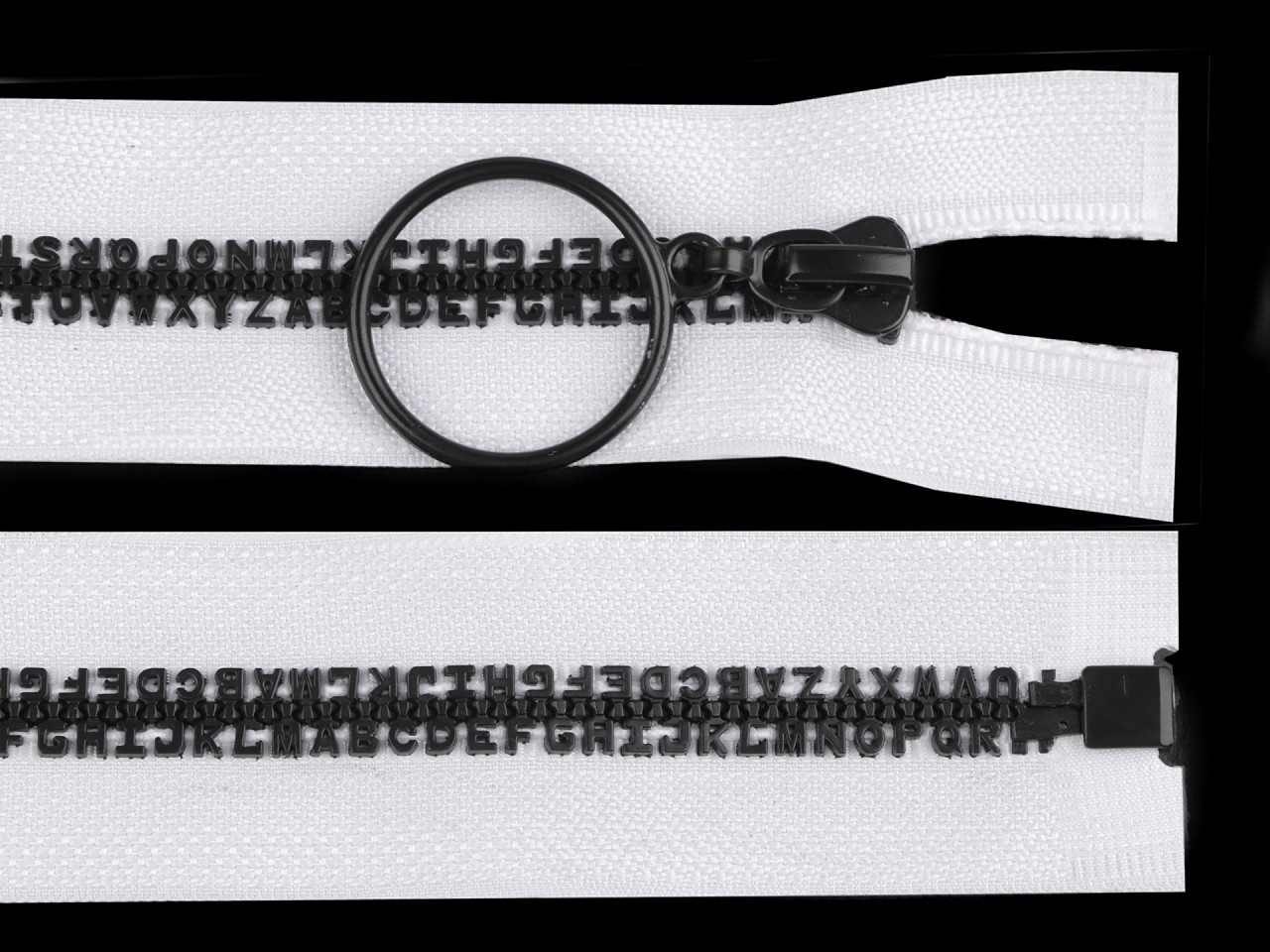 Kostěný zip šíře 5 mm délka 40 cm písmenka, barva 101 bílá