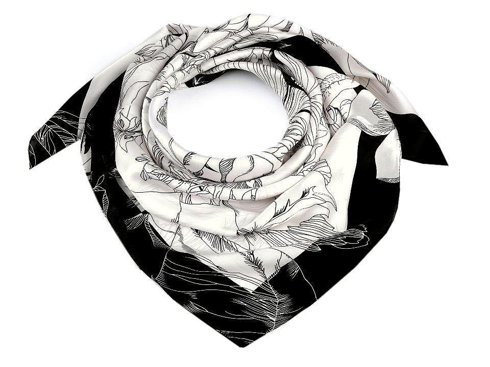 Saténový šátek květy 90x90 cm, barva 1 béžovobílá
