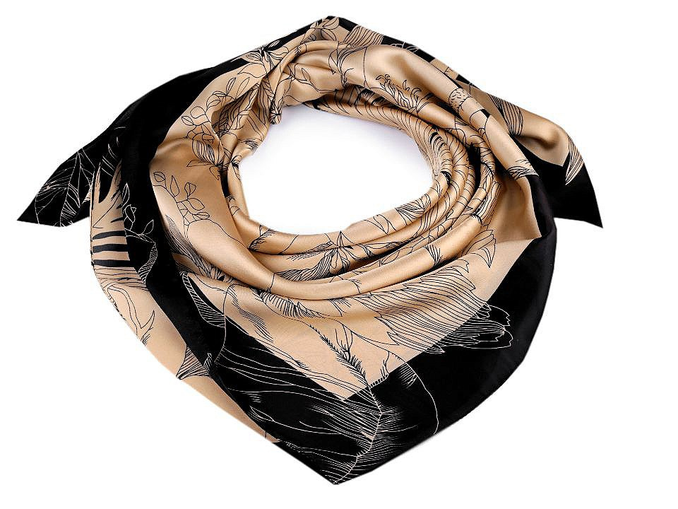 Saténový šátek květy 90x90 cm, barva 3 béžová velbloudí