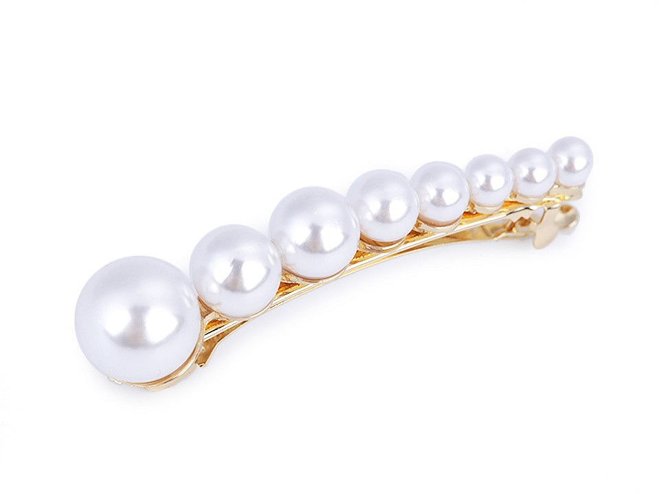 Francouzská spona do vlasů s perlami a broušenými kamínky, barva 2 perlová zlatá