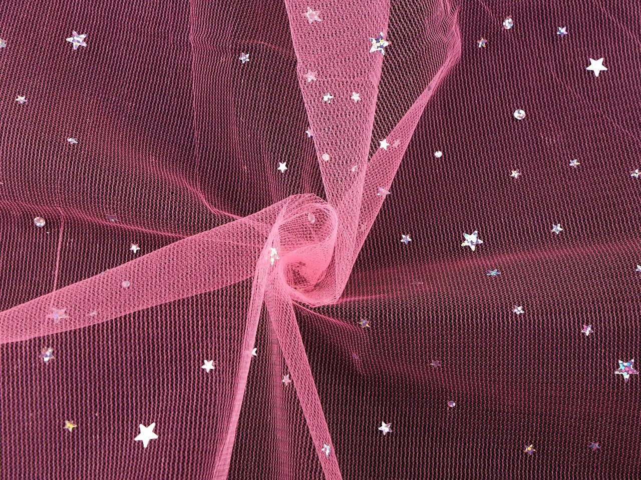 Oděvní / dekorační tyl s hvězdičkami s hologramem, barva 8 růžová stříbrná
