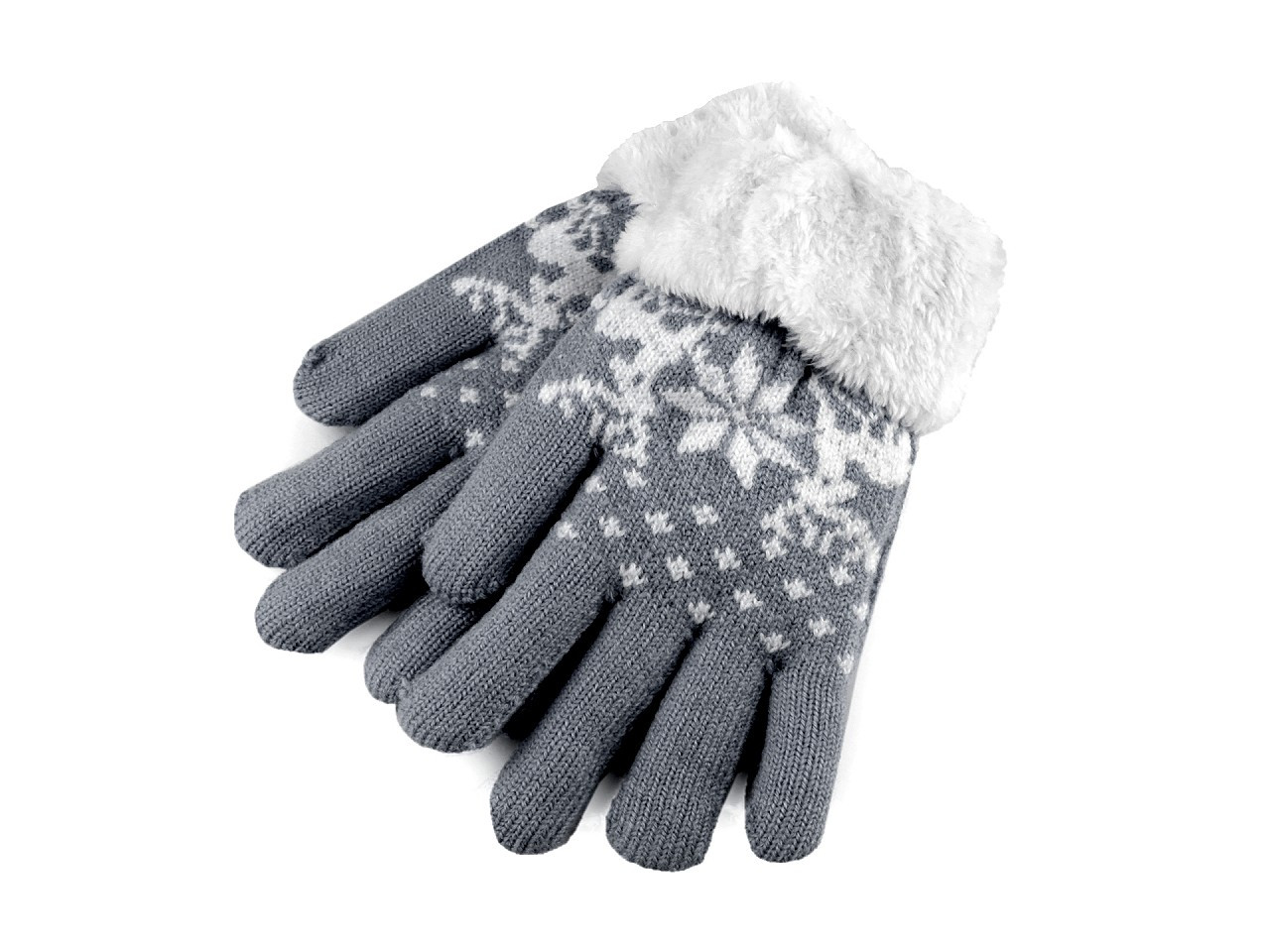 Dětské pletené rukavice s kožíškem, norský vzor, barva 27 šedá bílá