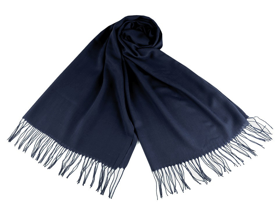 Šátek / šála jednobarevná s třásněmi 70x180 cm, barva 13 (7) modrá tmavá