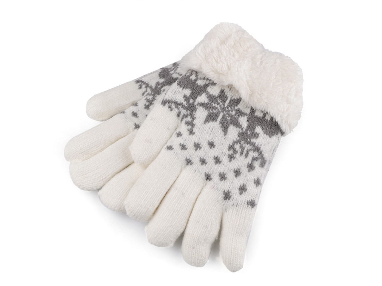 Dětské pletené rukavice s kožíškem, norský vzor, barva 1 krémová nejsvět. šedá