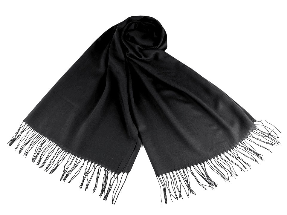 Šátek / šála jednobarevná s třásněmi 70x180 cm, barva 14 (5) černá