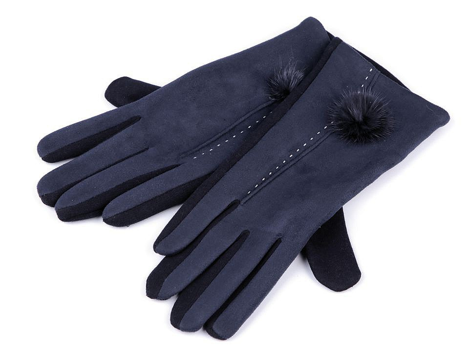 Dámské rukavice s kožešinovou bambulkou, barva 3 (vel. M) modrá tmavá
