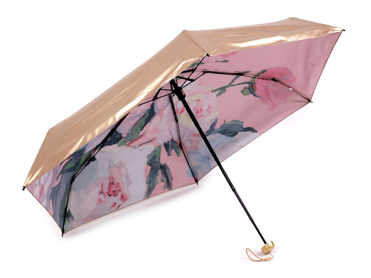 Dámský mini skládací deštník metalický, uvnitř zdobený, barva 4 pudrová zlatá
