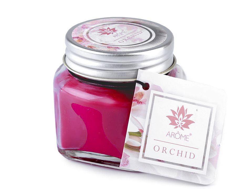 Malá vonná svíčka ve skle s jmenovkou 28 g, barva 4 (Orchid) růžová