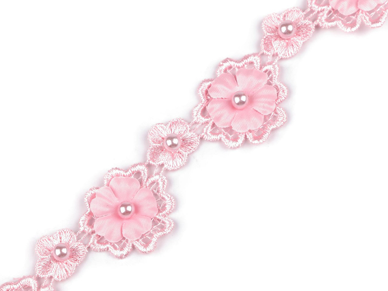 Krajka 3D květ s perlou šíře 30 mm, barva 5 růžová