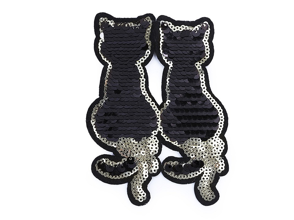 Nažehlovačka kočky s oboustrannými flitry, barva černá stříbrná
