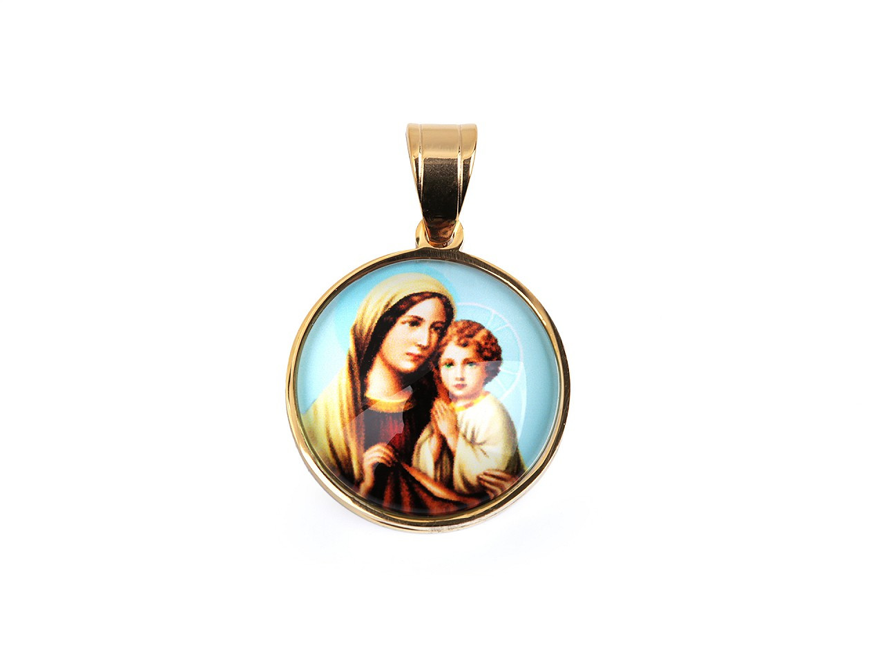 Přívěsek z nerezové oceli Panna Marie s Ježíškem, barva 4 modrá andělská zlatá