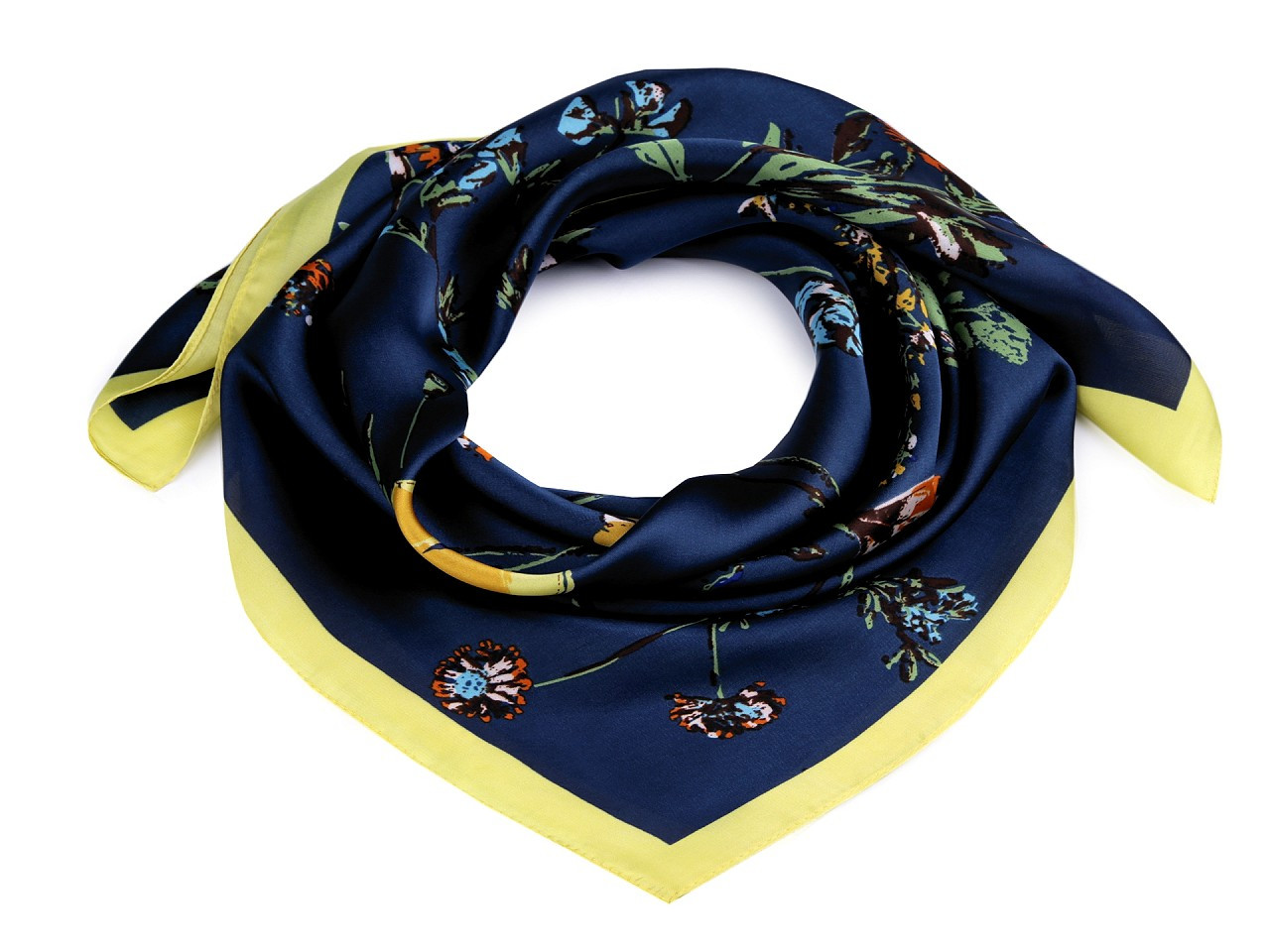 Saténový šátek květy 70x70 cm, barva 2 modrá tmavá žlutá