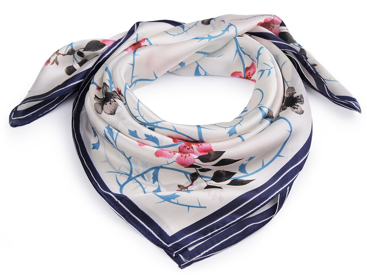 Saténový šátek květy 70x70 cm, barva 2 modrá tmavá