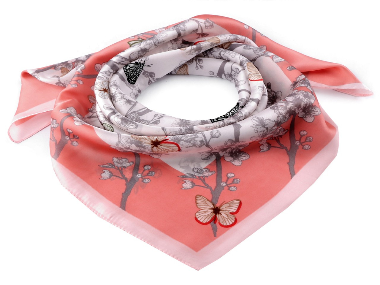 Saténový šátek motýl 70x70 cm, barva 1 korálová světlá