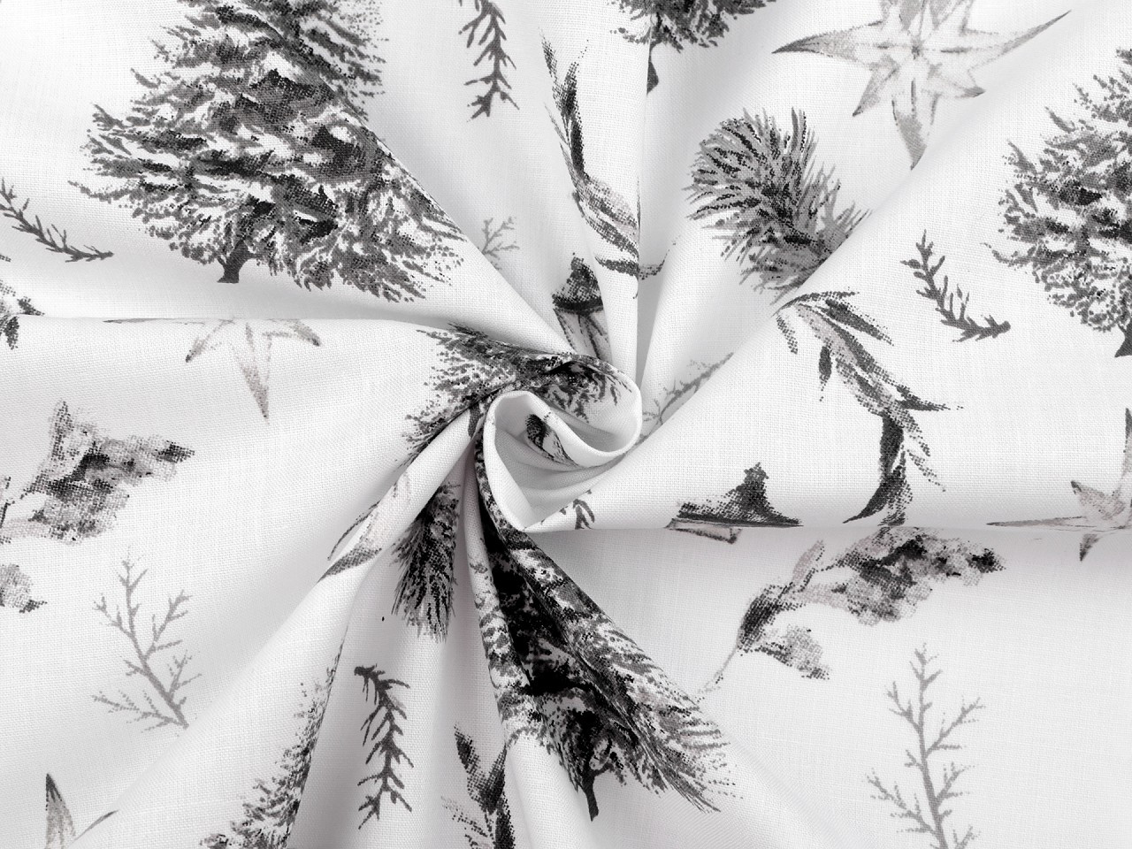 Vánoční bavlněná látka / plátno stromeček, barva 2 (CH8) bílá antracit