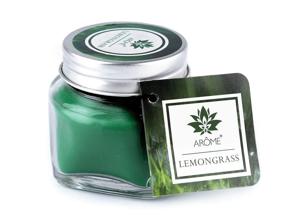 Malá vonná svíčka ve skle s jmenovkou 28 g, barva 5 (Lemongrass) zelená pastelová