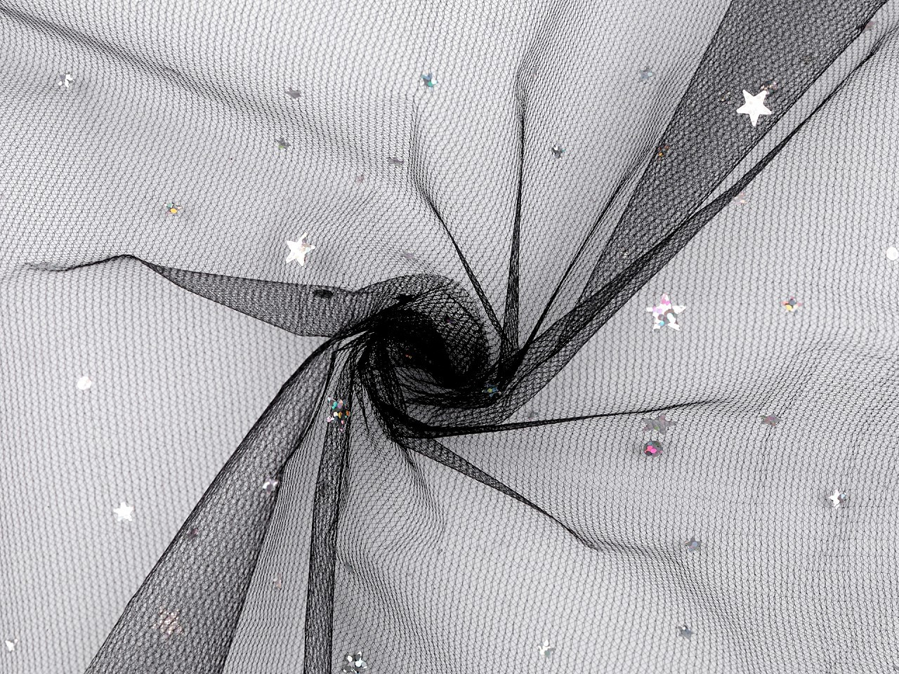Oděvní / dekorační tyl s hvězdičkami s hologramem, barva 7 černá stříbrná
